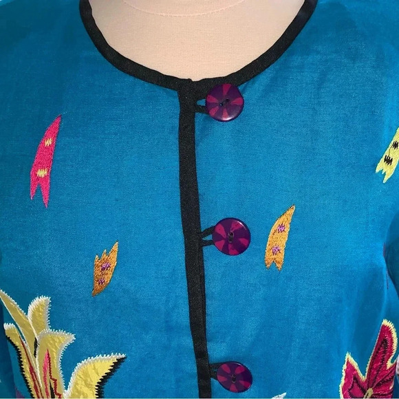NEW Indigo Moon Linen Blend Blazer Jacket Embroidered S Blue Flower Artsy - Picture 4 of 7